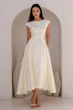 Ivory Bateau Neck Cap Sleeves A Line Satin Long Engagement Dress