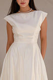 Ivory Bateau Neck Cap Sleeves A Line Satin Long Engagement Dress