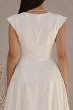 Ivory Bateau Neck Cap Sleeves A Line Satin Long Engagement Dress