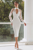White High Neck Bodycon Satin Midi Engagement Dress with Keyhole