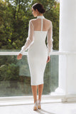 White High Neck Bodycon Satin Midi Engagement Dress with Keyhole