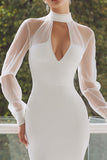 White High Neck Bodycon Satin Midi Engagement Dress with Keyhole
