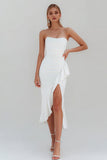White Ruffled Satin Ruched Strapless Midi Engagement Dress with Slit