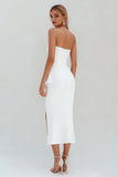 White Ruffled Satin Ruched Strapless Midi Engagement Dress with Slit
