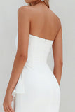 White Ruffled Satin Ruched Strapless Midi Engagement Dress with Slit