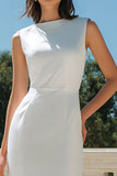White Bodycon Bateau Neck Midi Engagement Dress