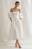 Simple Ivory Strapless A Line Puff Sleeves Maxi Engagement Dress
