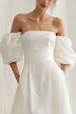 Simple Ivory Strapless A Line Puff Sleeves Maxi Engagement Dress