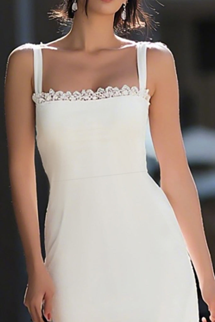 Leely Women Ivory Satin Midi Bodycon Engagement Dress with Lace Square