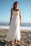 White Chiffon Square Neck A Line Long Wedding Reception Dress with Ruffles