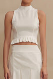 2 Piece Ivory High Neck A Line Midi Ruffled Engagement Dress