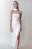 White Strapless Neck Scarf Long Wedding Reception Dress with Slit