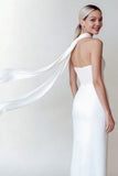 White Strapless Neck Scarf Long Wedding Reception Dress with Slit