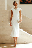 White Cap Sleeves Bodycon Ruched Midi Rehearsal Dinner Dress