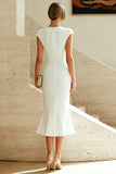 White Cap Sleeves Bodycon Ruched Midi Rehearsal Dinner Dress