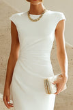 White Cap Sleeves Bodycon Ruched Midi Rehearsal Dinner Dress