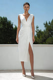 White V-Neck Ruched Midi Simple Engagement Dress With Slit