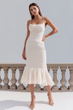 Ivory Spaghetti Straps Ruffled Bodycon Midi Engagement Dress