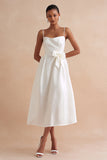 White Midi Spaghetti Straps A Line Engagement Dress with Bow