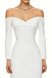 White Sheath Long Sleeves Simple Wedding Reception Dress with Slit