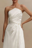 White Strapless Ruched A Line Midi Engagement Dress