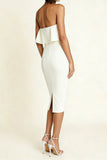 Simple White Strapless Sheath Midi Engagement Dress