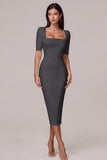 Simple White Bodycon Square Neck Midi Engagement Dress with Sleeves