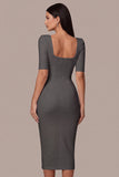 Simple White Bodycon Square Neck Midi Engagement Dress with Sleeves