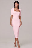 Simple White Bodycon Square Neck Midi Engagement Dress with Sleeves