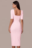 Simple White Bodycon Square Neck Midi Engagement Dress with Sleeves