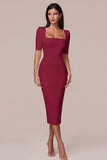 Simple White Bodycon Square Neck Midi Engagement Dress with Sleeves