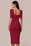 Simple White Bodycon Square Neck Midi Engagement Dress with Sleeves
