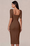 Simple White Bodycon Square Neck Midi Engagement Dress with Sleeves