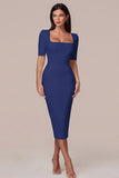 Simple White Bodycon Square Neck Midi Engagement Dress with Sleeves