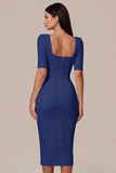 Simple White Bodycon Square Neck Midi Engagement Dress with Sleeves