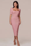 Simple White Bodycon Square Neck Midi Engagement Dress with Sleeves