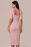 Simple White Bodycon Square Neck Midi Engagement Dress with Sleeves