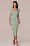 Simple White Bodycon Square Neck Midi Engagement Dress with Sleeves