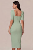 Simple White Bodycon Square Neck Midi Engagement Dress with Sleeves