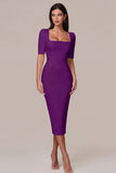 Simple White Bodycon Square Neck Midi Engagement Dress with Sleeves