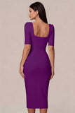 Simple White Bodycon Square Neck Midi Engagement Dress with Sleeves