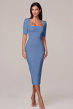 Simple White Bodycon Square Neck Midi Engagement Dress with Sleeves