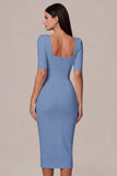 Simple White Bodycon Square Neck Midi Engagement Dress with Sleeves