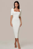 Simple White Bodycon Square Neck Midi Engagement Dress with Sleeves