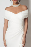 Simple White Sheath Off the Shouder Long Engagement Dress with Slit