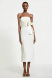 White Satin Strapless Sheath Midi Engagement Dress with Bow