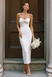 Simple White Strapless Bodycon Midi Engagement Dress with Bow