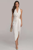 White Chiffon Bodycon Halter Neck Midi Engagement Dress with Slit
