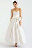 White Sweetheart Satin A Line Long Engagement Dress with Bow