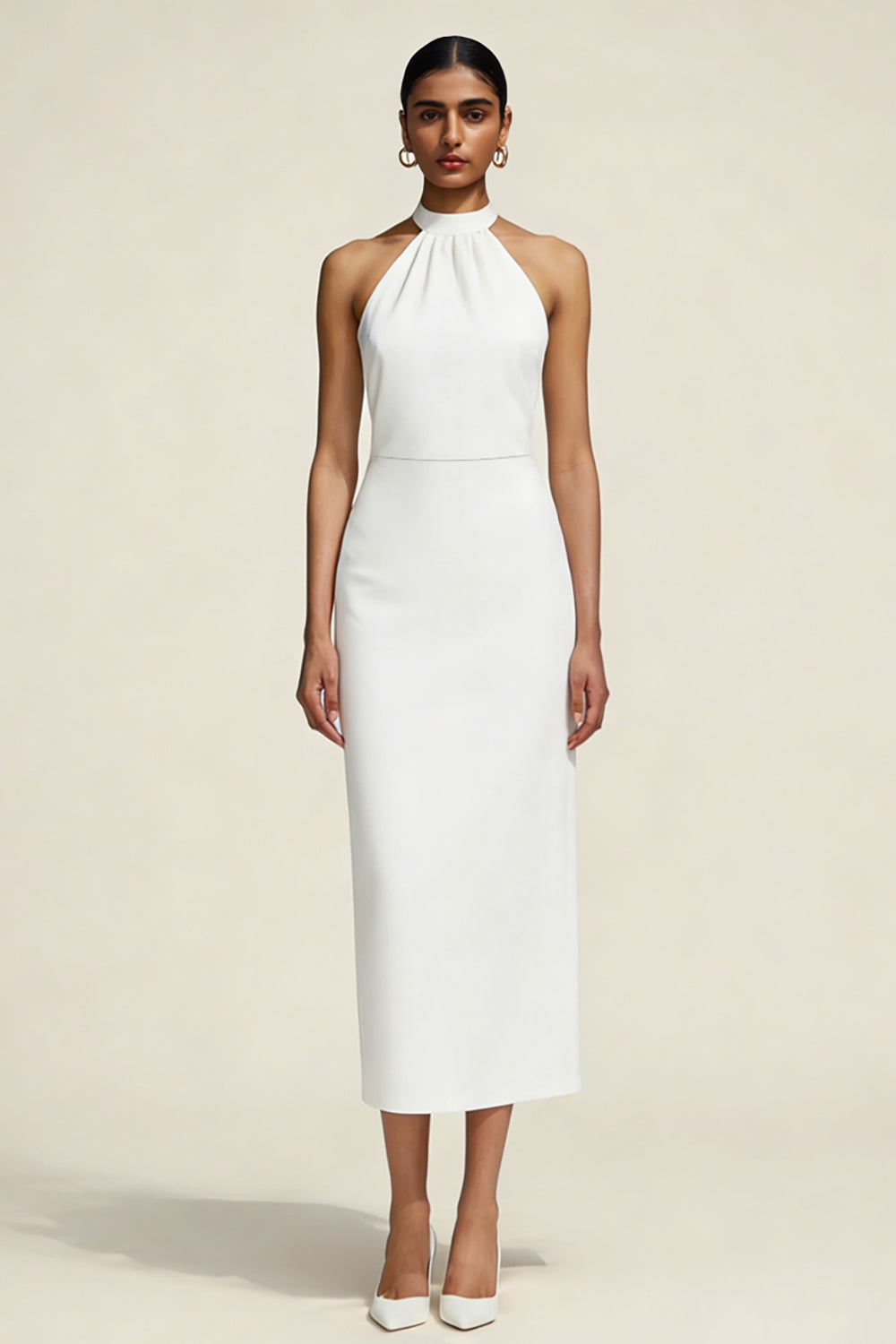 Leely Women Simple White Halter Neck Midi Engagement Dress Satin Sheath